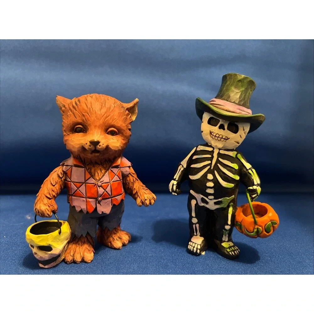 Set Of 2 Jim Shore Mini Halloween Trick Or Treat Werewolf & Skeleton Figurines